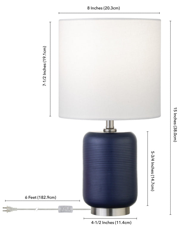 15" Blue and Silver Ceramic Cylinder Table Lamp With White Drum Shade