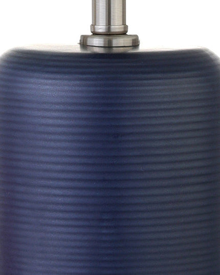 15" Blue and Silver Ceramic Cylinder Table Lamp With White Drum Shade