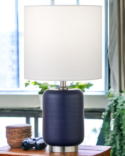 15" Blue and Silver Ceramic Cylinder Table Lamp With White Drum Shade