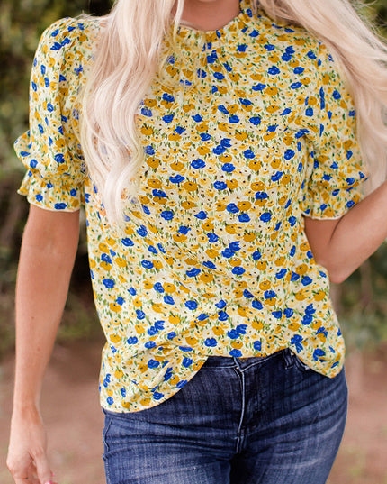 Yellow Boho Floral Ruffle Short Sleeve Frill Mock Neck Blouse