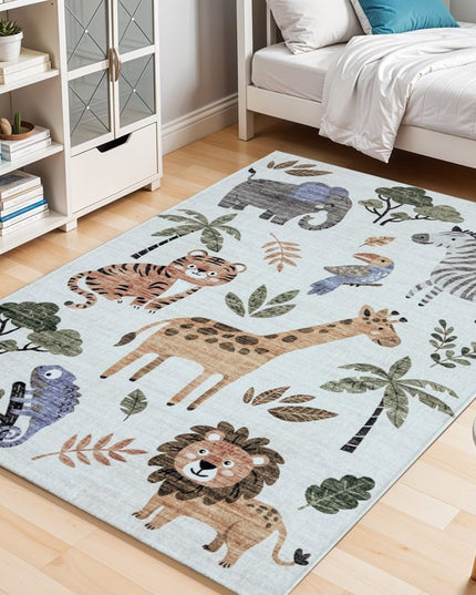 5' X 8' Gray Brown and Green Juvenile Zoo Animals Youthful Area Rug