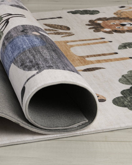 5' X 8' Gray Brown and Green Juvenile Zoo Animals Youthful Area Rug