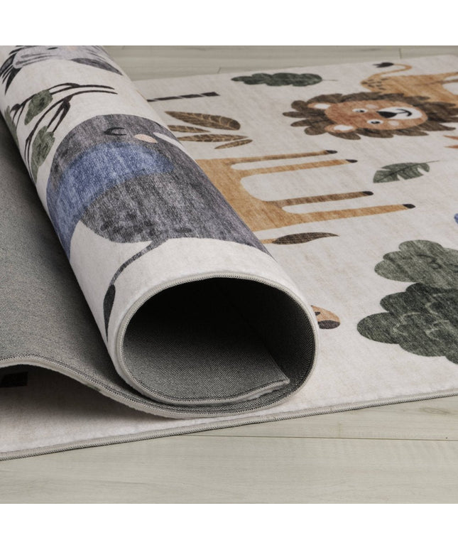 5' X 8' Gray Brown and Green Juvenile Zoo Animals Youthful Area Rug