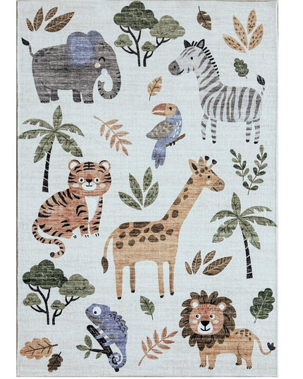 5' X 8' Gray Brown and Green Juvenile Zoo Animals Youthful Area Rug
