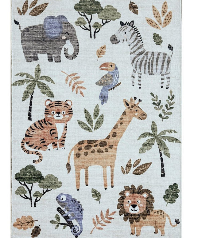 5' X 8' Gray Brown and Green Juvenile Zoo Animals Youthful Area Rug
