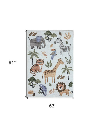 5' X 8' Gray Brown and Green Juvenile Zoo Animals Youthful Area Rug