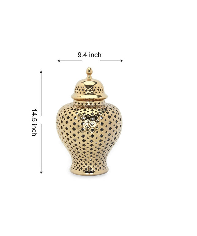 15" Gold Pierced Ceramic Round Ginger Jar