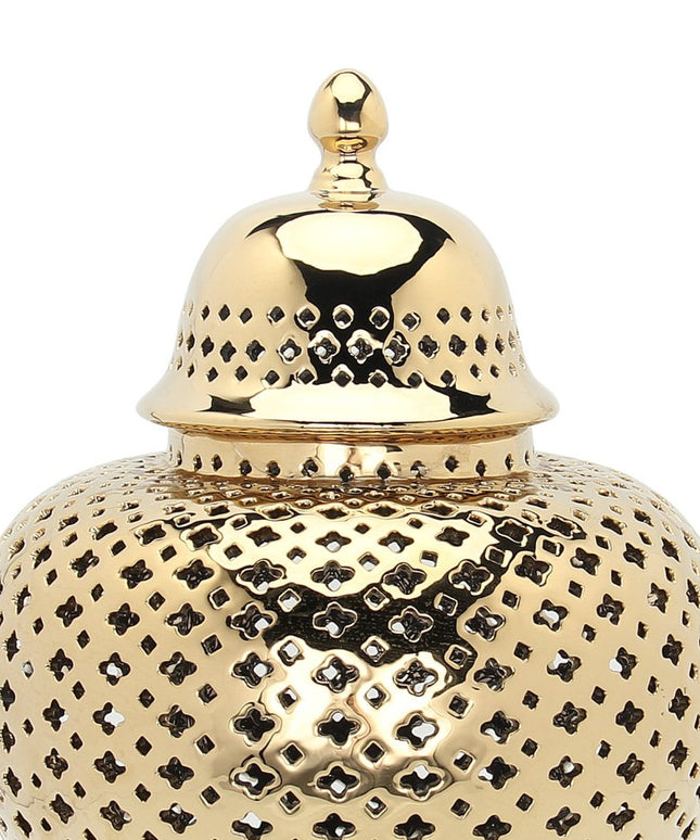 15" Gold Pierced Ceramic Round Ginger Jar