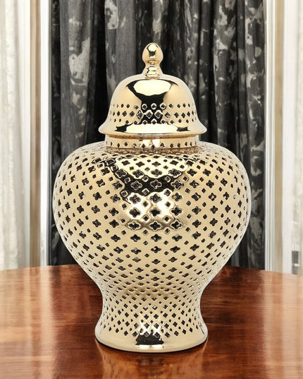 15" Gold Pierced Ceramic Round Ginger Jar