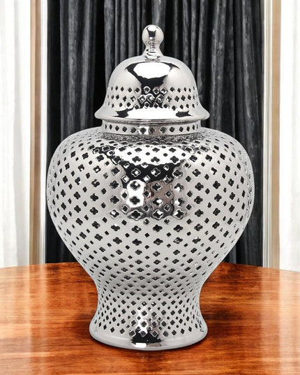 15" Silver Pierced Urn Ceramic Ginger Jar
