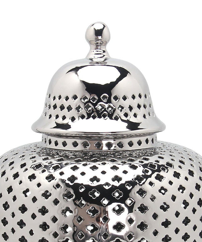 15" Silver Pierced Urn Ceramic Ginger Jar