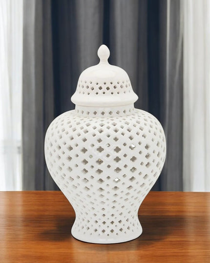 11" White Pierced Ceramic Round Ginger Jar