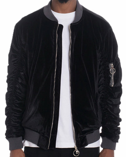 Velour Cinch Sleeve Bomber Jacket