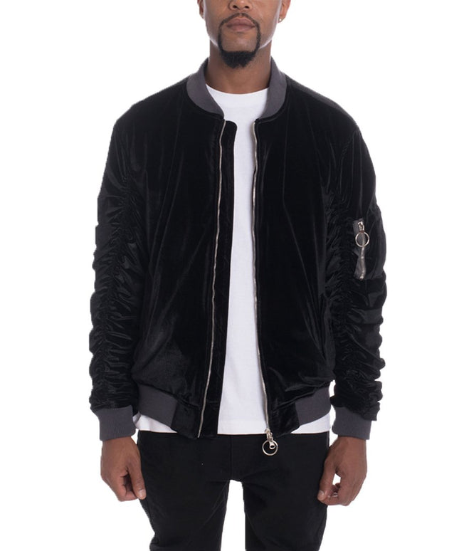 Velour Cinch Sleeve Bomber Jacket