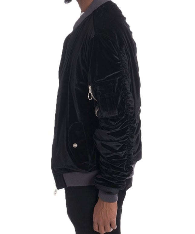 Velour Cinch Sleeve Bomber Jacket