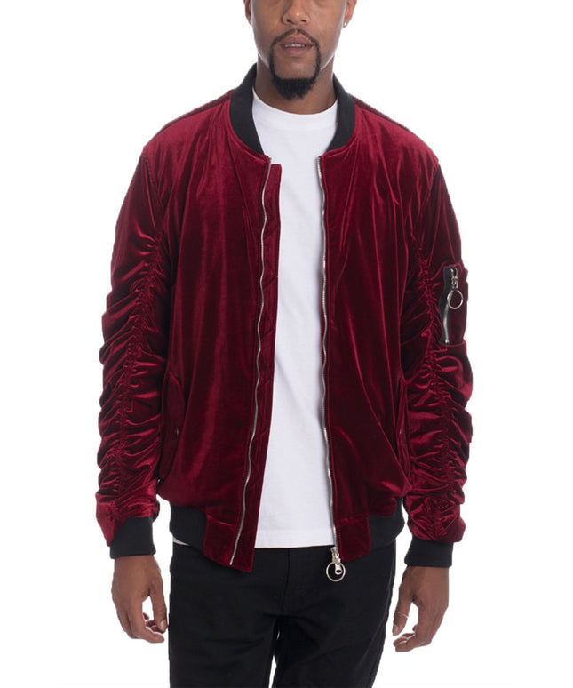 Velour Cinch Sleeve Bomber Jacket