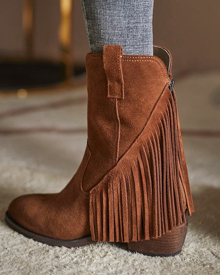 Pointed Tassel Vintage Boots with Thick Heel – "Tassel Edge" Edition