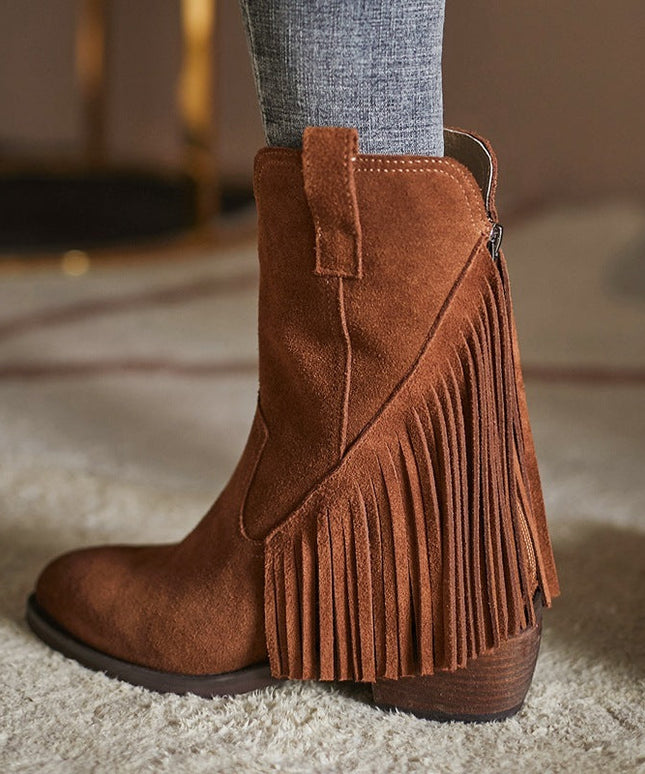 Pointed Tassel Vintage Boots with Thick Heel – "Tassel Edge" Edition
