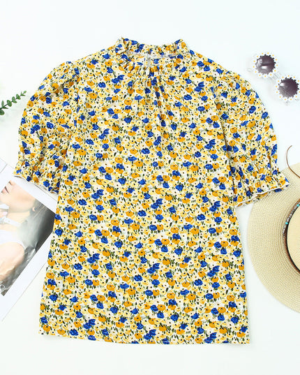 Yellow Boho Floral Ruffle Short Sleeve Frill Mock Neck Blouse