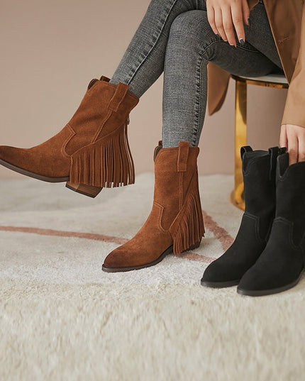 Pointed Tassel Vintage Boots with Thick Heel – "Tassel Edge" Edition