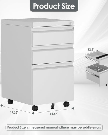 3 Drawer Mobile File Cabinet With Lock, Under Desk Metal Filing