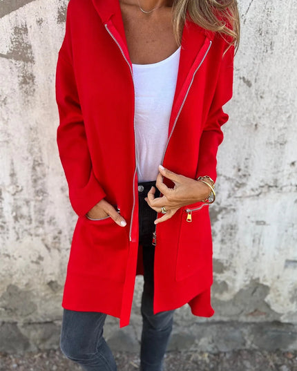 Fiery Red Solid Color Casual Zip up Hooded Coat