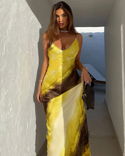 Women's Fashion Printed V-neck Backless Slit Sling Dress