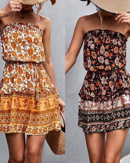 Women's Bohemian Floral Print Strapless Dress Summer Beach Dress