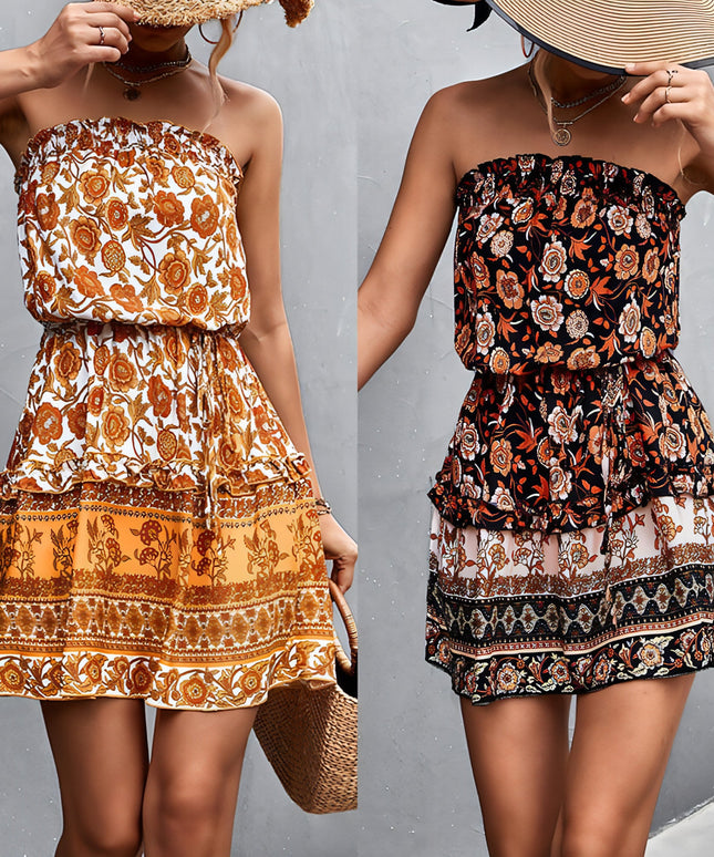 Women's Bohemian Floral Print Strapless Dress Summer Beach Dress