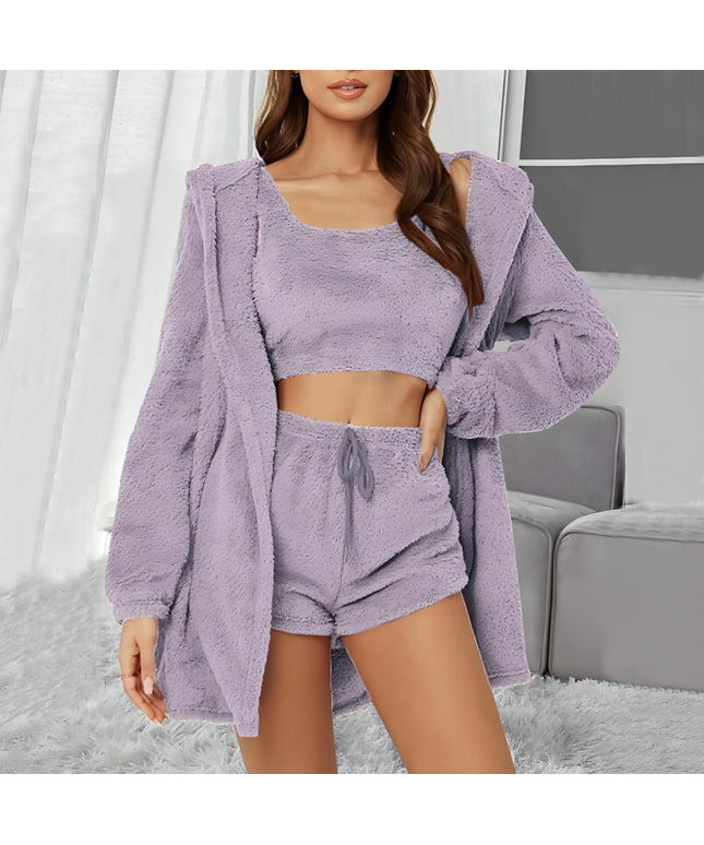 Suits 3pcs Winter Solid Color Double-sided Plush Warm Thickened Hooded