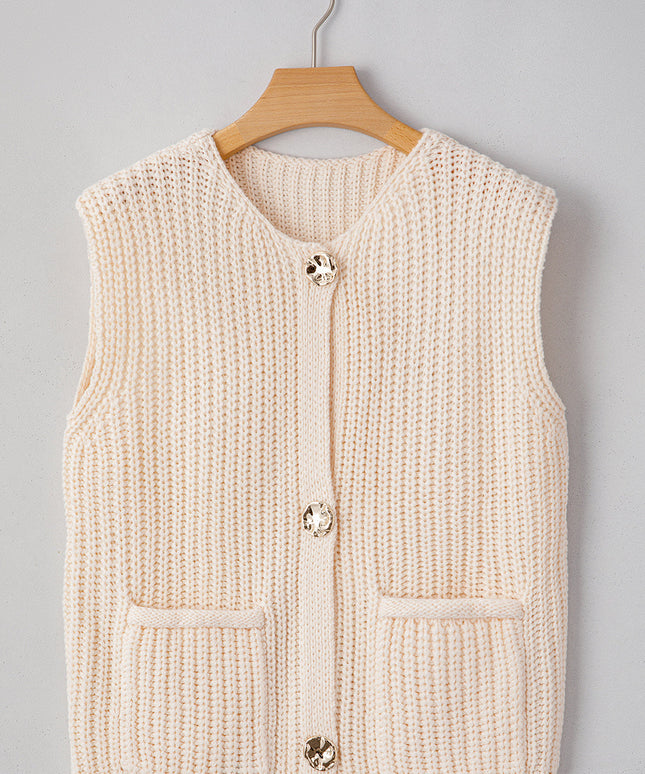 White Solid Textured Knit Side Pockets Buttoned Sweater Vest