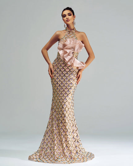 “Champagne Glam” Halter Mermaid Dress – Luxury for Elite Occasions
