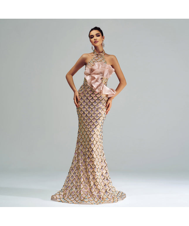 “Champagne Glam” Halter Mermaid Dress – Luxury for Elite Occasions
