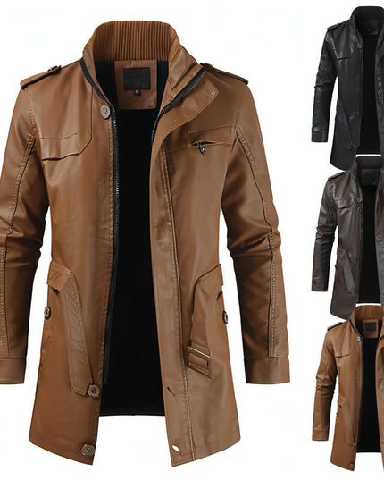 Men's Mid-length Fleece-lined Casual Stand Collar Leather Wind Coat