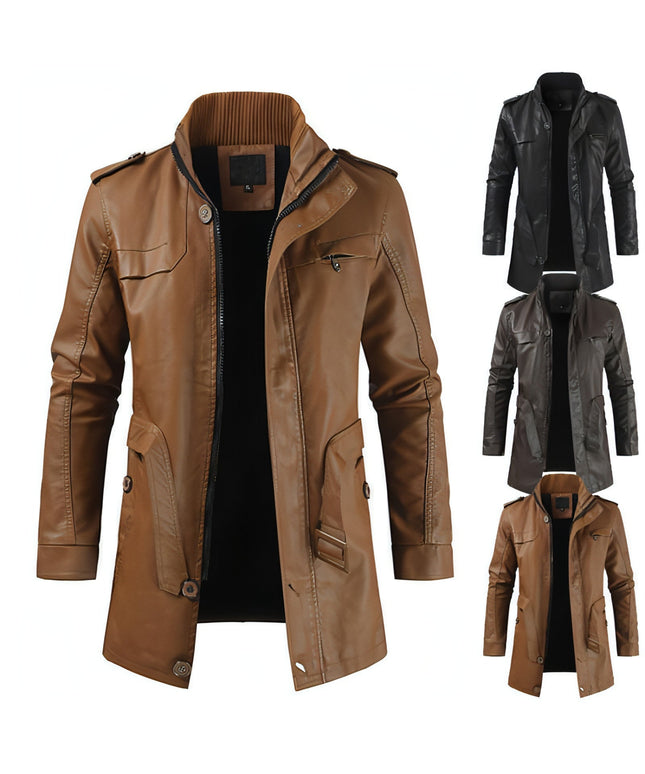 Men's Mid-length Fleece-lined Casual Stand Collar Leather Wind Coat