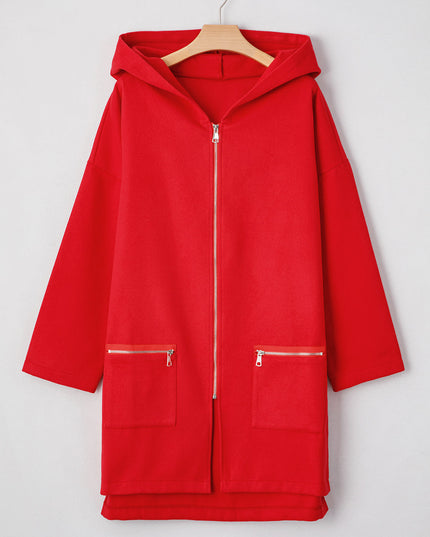 Fiery Red Solid Color Casual Zip up Hooded Coat