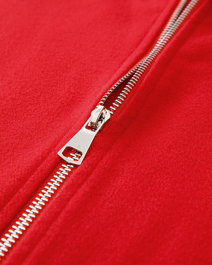 Fiery Red Solid Color Casual Zip up Hooded Coat