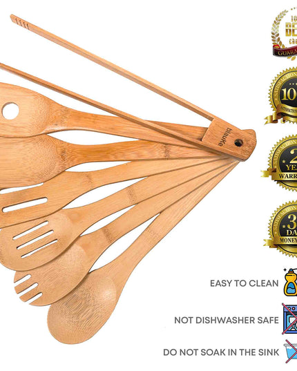 Wooden Spoons for Cooking 7-Pack - Bamboo Kitchen Utensils Set for