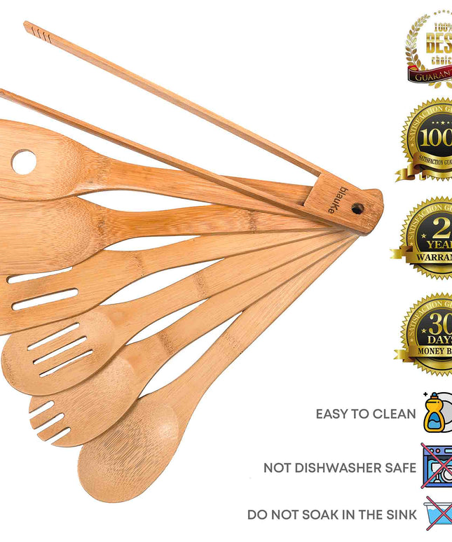 Wooden Spoons for Cooking 7-Pack - Bamboo Kitchen Utensils Set for