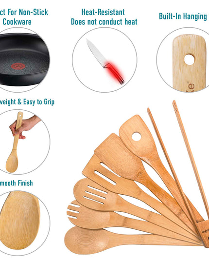 Wooden Spoons for Cooking 7-Pack - Bamboo Kitchen Utensils Set for