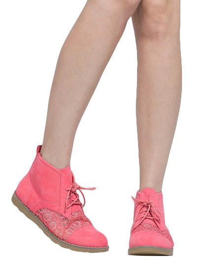 SOBEYO Women's Booties Embroidered Flower Lace Up Oxford Pink