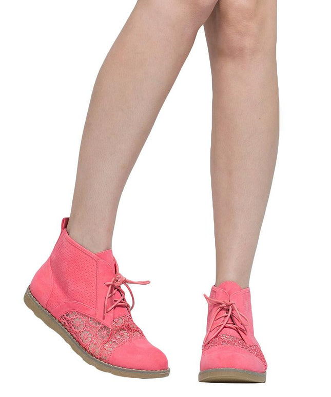 SOBEYO Women's Booties Embroidered Flower Lace Up Oxford Pink