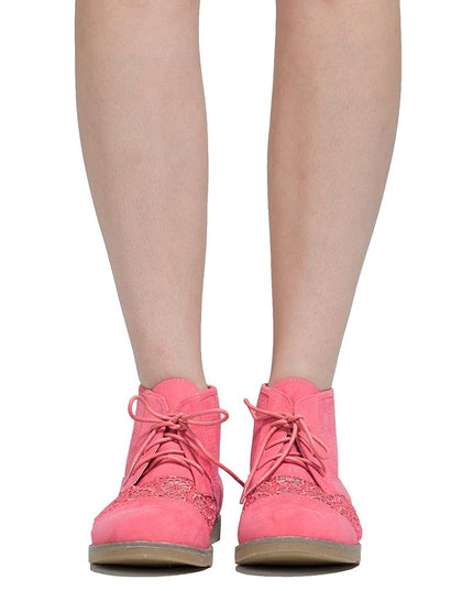 SOBEYO Women's Booties Embroidered Flower Lace Up Oxford Pink