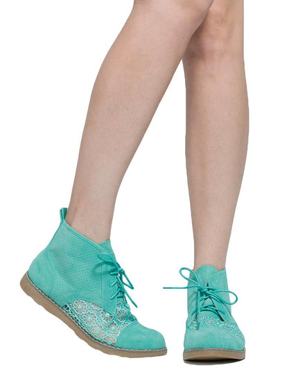 SOBEYO Women's Booties Embroidered Flower Lace Up Oxford Green