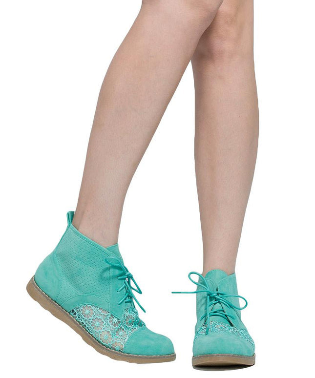 SOBEYO Women's Booties Embroidered Flower Lace Up Oxford Green