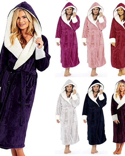 Bathrobe Long Sleeved Bathrobe Hooded Plush Robe Women Shawl  long