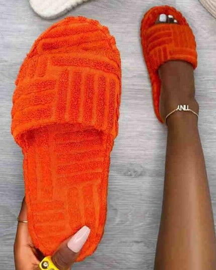 2021 Flat Furry Slippers Thick Sole Open Toe Women Slides