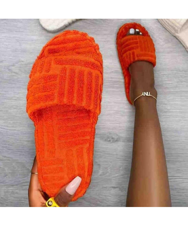 2021 Flat Furry Slippers Thick Sole Open Toe Women Slides