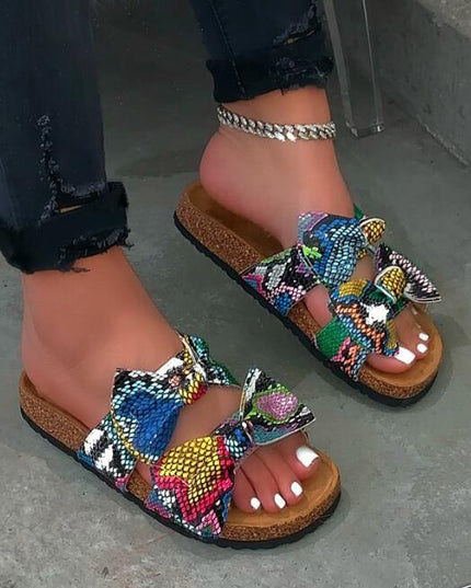2 Straps Snake Print Bow Women  Slippers