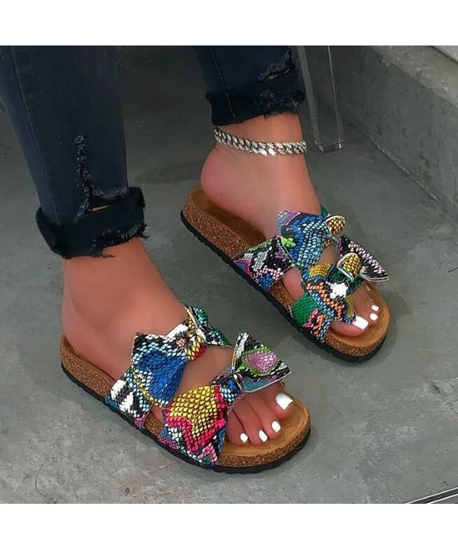 2 Straps Snake Print Bow Women  Slippers
